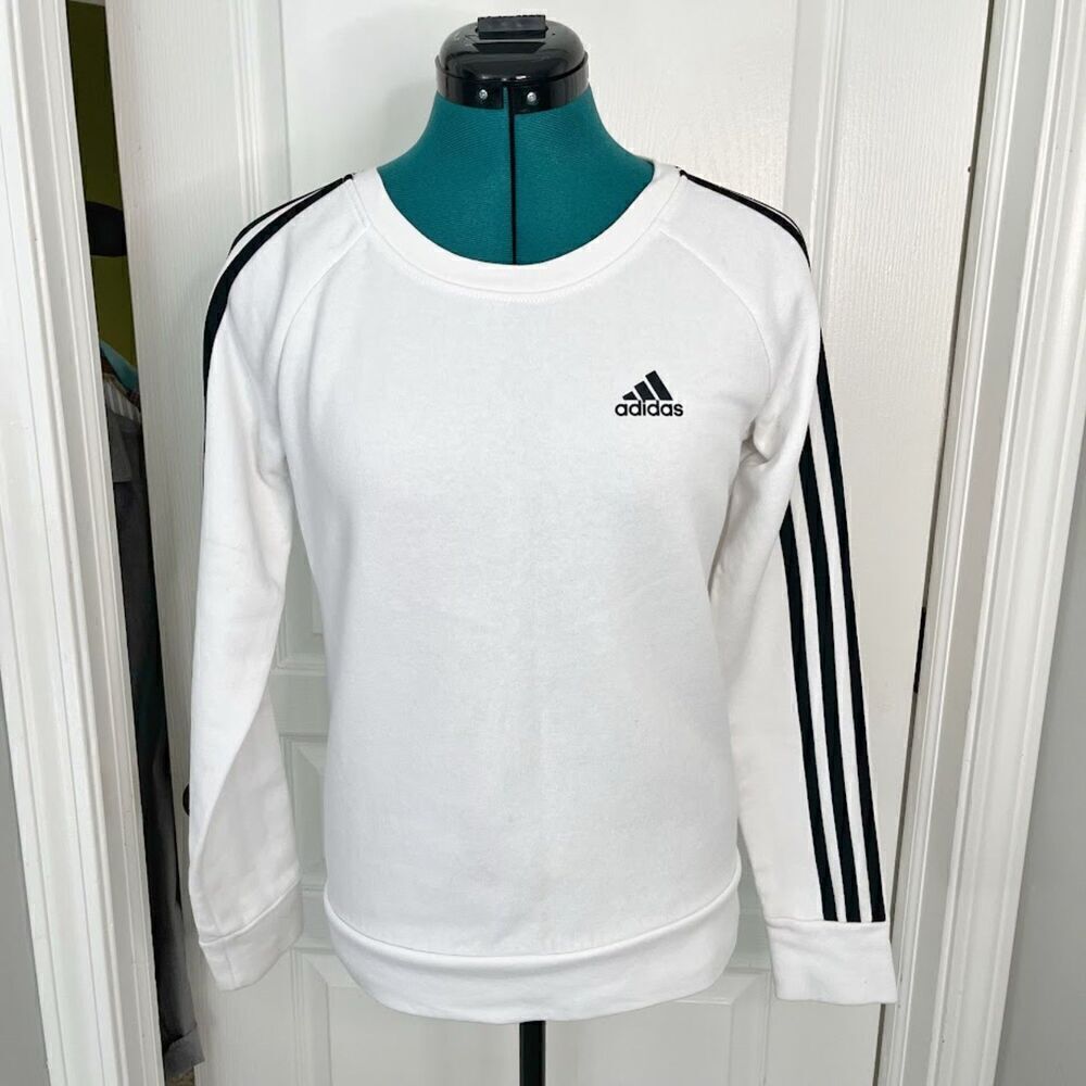 Adidas Classic Stripes Crewneck Long Sleeve Pullover Cotton Blend Sweatshirt